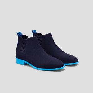 Weather-Ready Style: Black Square-Toe Ankle Boots with Chic Blue Trim